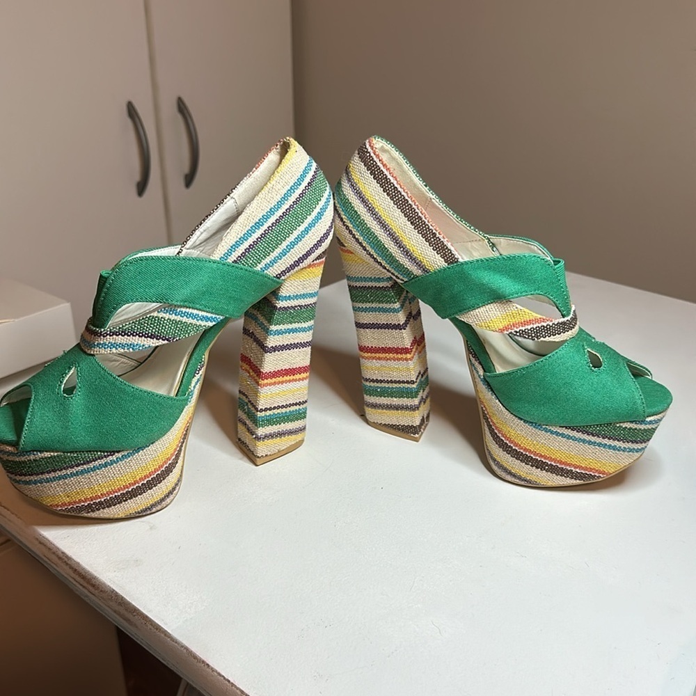 🔥Women's Fahrenheit green denim block color open toe stiletto heels size 7 - Picture 8 of 14